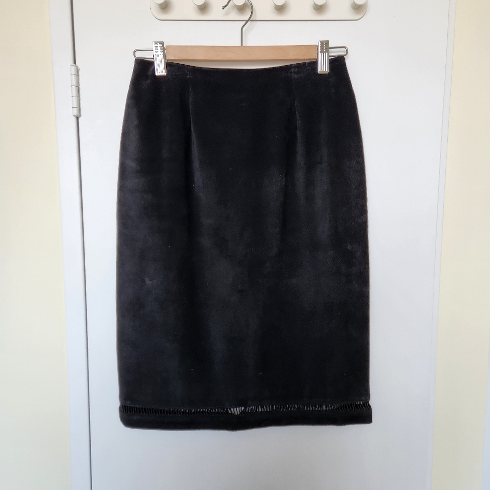 Vintage Danier Black Suede Leather Skirt with Beaded Hem